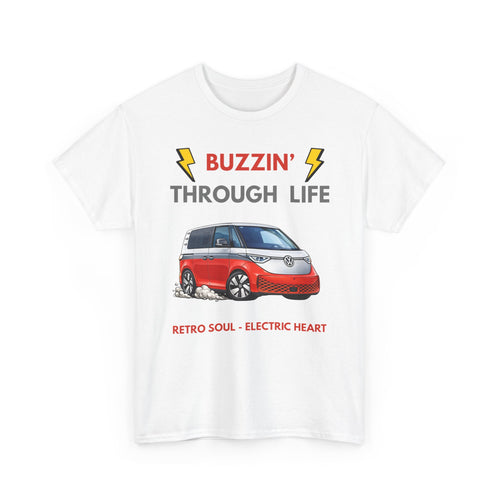 White ID Buzz t-shirt with a red silver van graphic and text