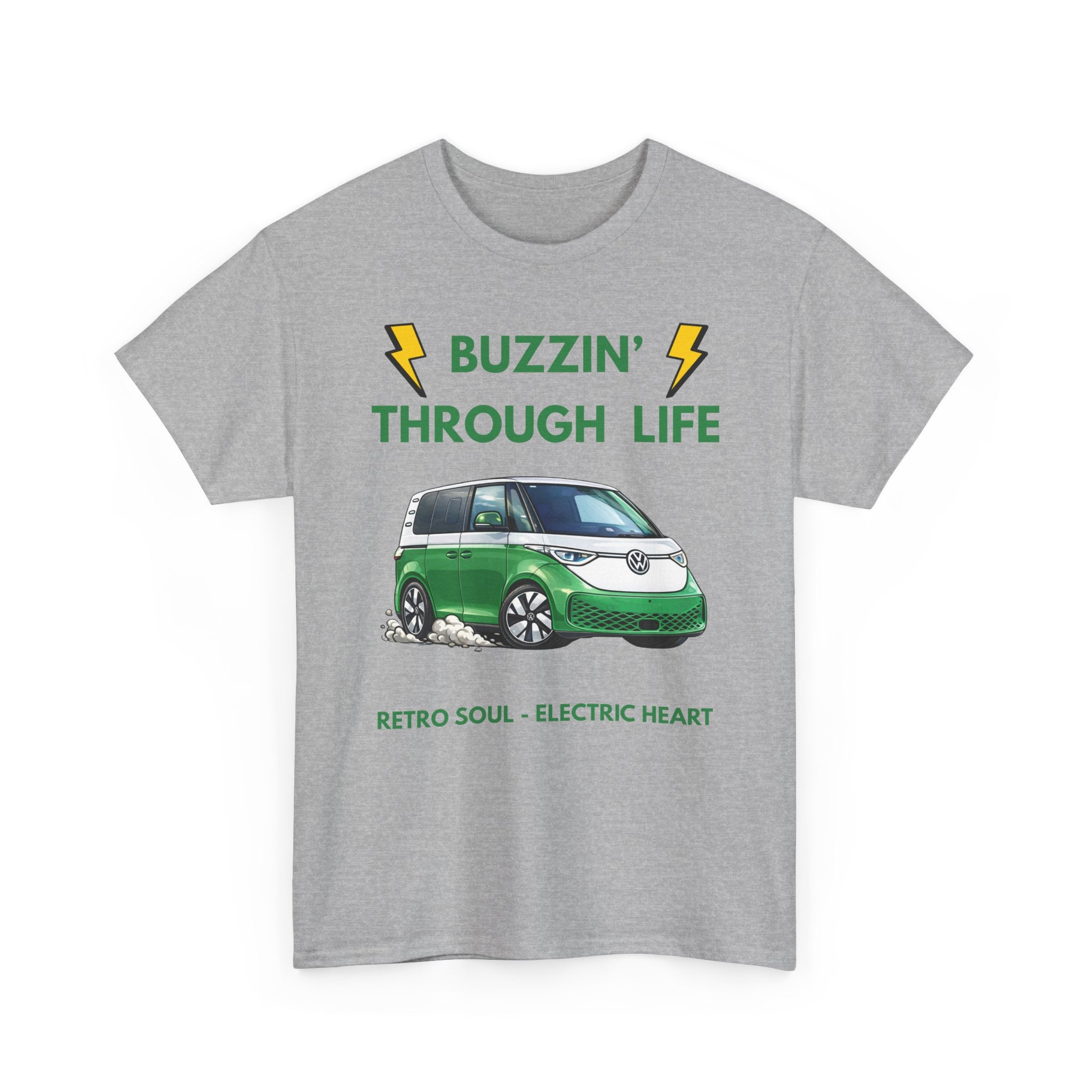 Buzzin' Through Life T-Shirt | Retro Soul Electric Heart Tee in Green/White 🚌⚡