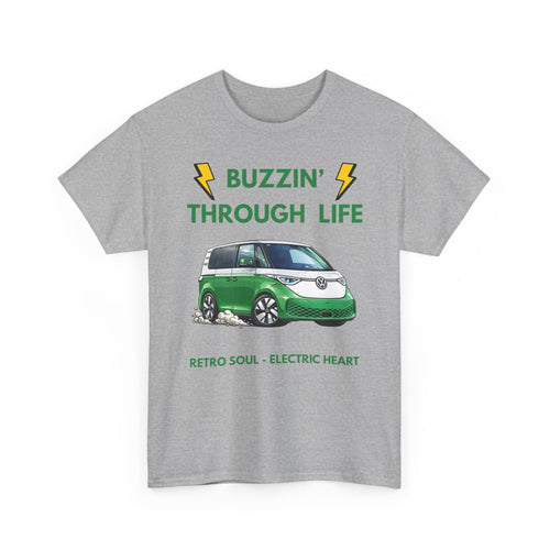 Buzzin' Through Life T-Shirt | Retro Soul Electric Heart Tee in Green/White 🚌⚡