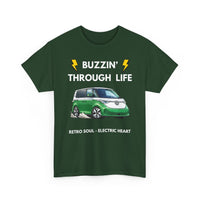 Buzzin' Through Life T-Shirt | Retro Soul Electric Heart Tee in Green/White 🚌⚡