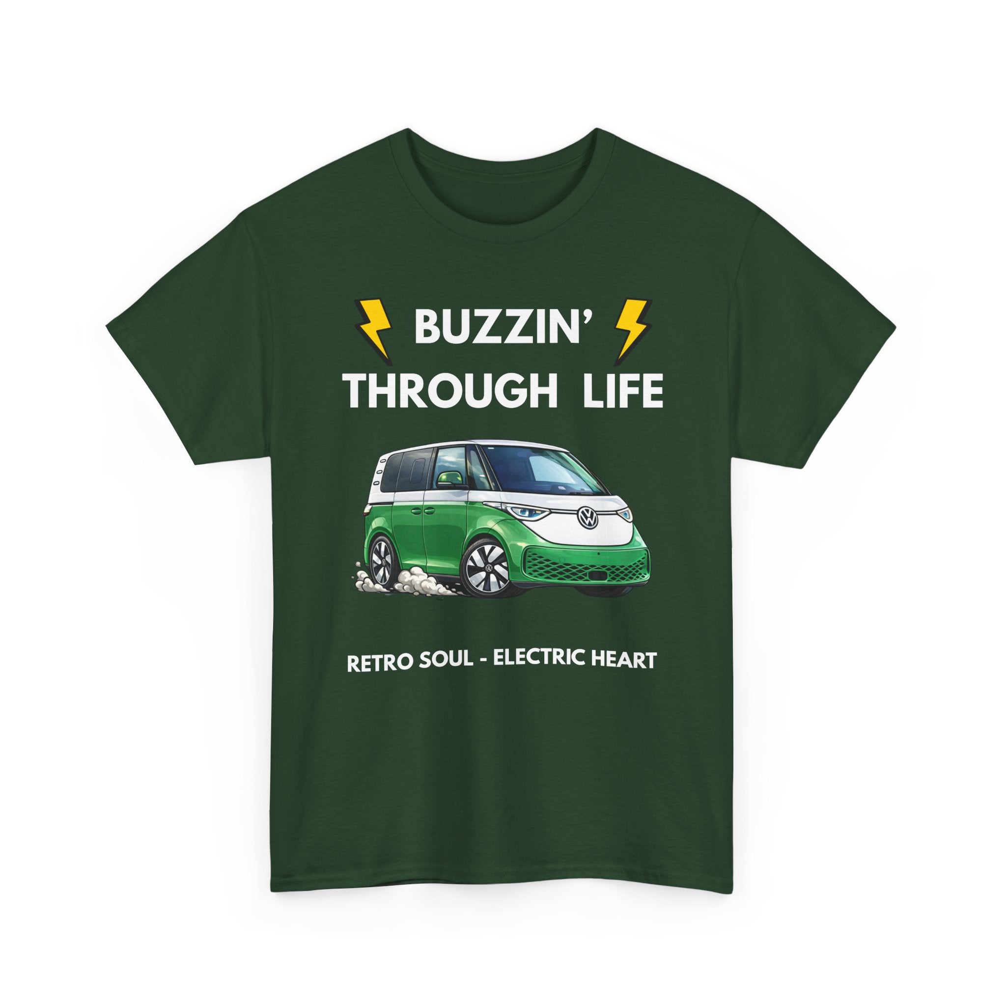 Buzzin' Through Life T-Shirt | Retro Soul Electric Heart Tee in Green/White 🚌⚡