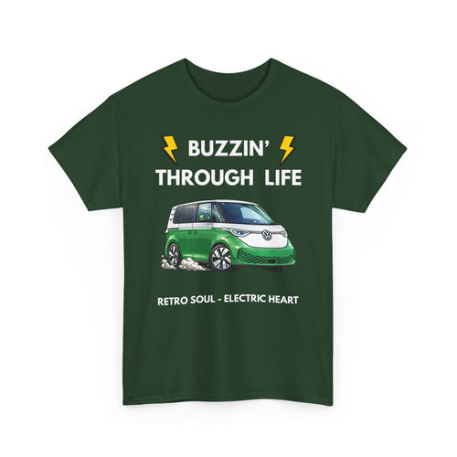 Buzzin' Through Life T-Shirt | Retro Soul Electric Heart Tee in Green/White 🚌⚡