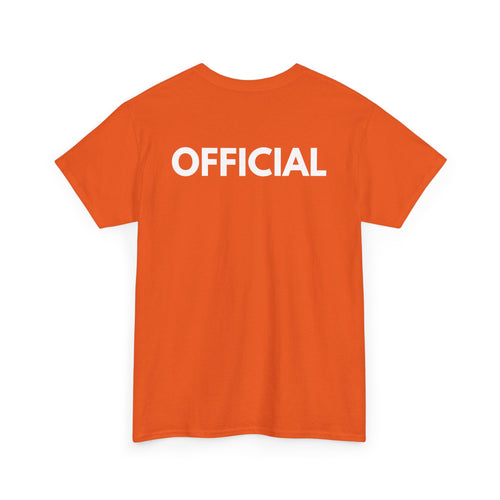 Orange t-shirt with 'OFFICIAL' printed on the back