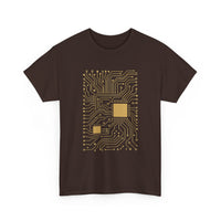 Brown t-shirt with gold circuit board design