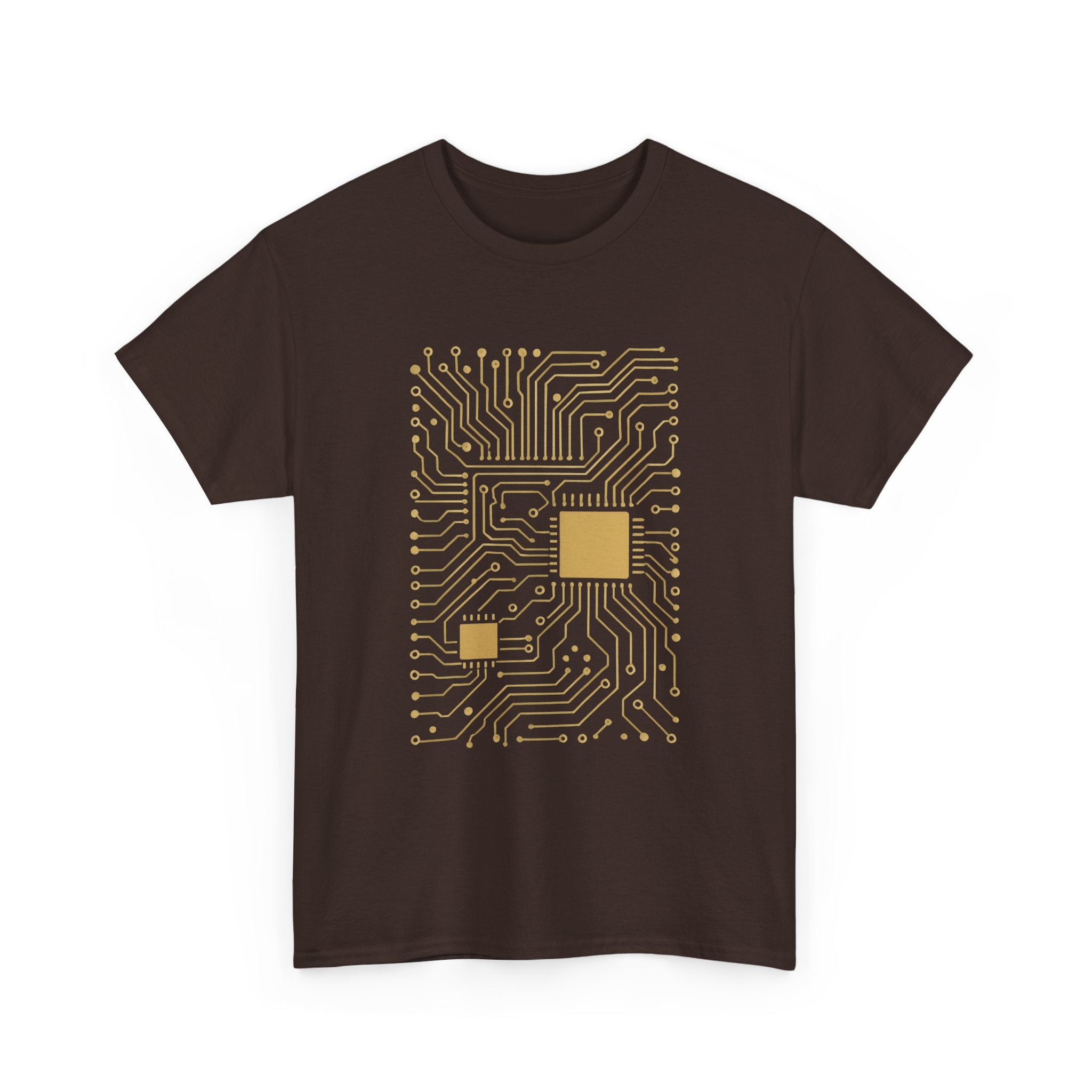 Brown t-shirt with gold circuit board design