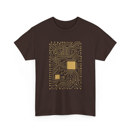 Brown t-shirt with gold circuit board design
