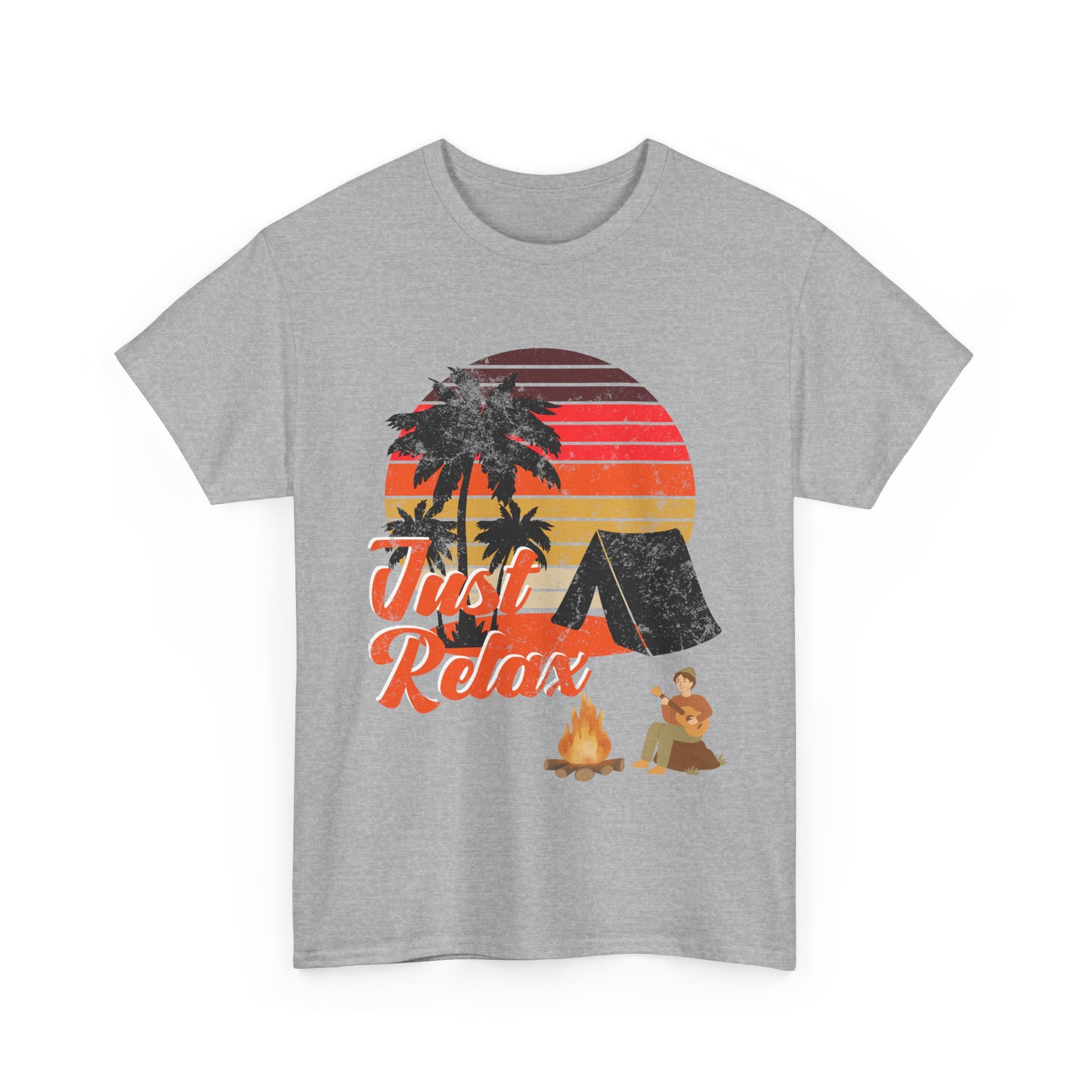 Just Relax, Camping T-Shirt with Tent and Campfire Design