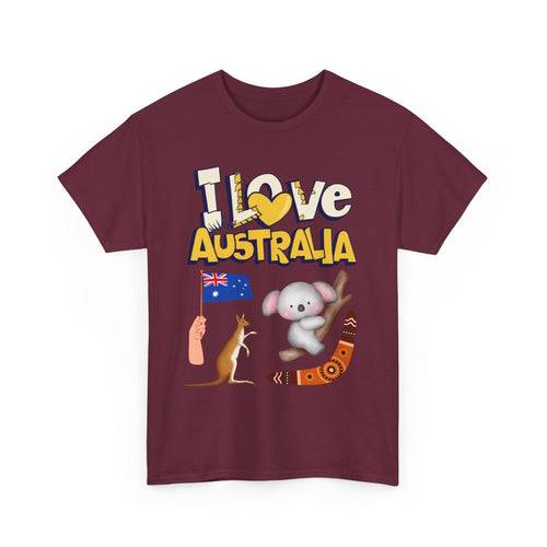 I Love Australia T-Shirt – Iconic Aussie Koala, Kangaroo, Flag & Boomerang Design