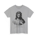 Gray t-shirt with a black and white illustration of Jesus Christ 