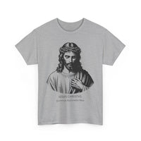 Gray t-shirt with a black and white illustration of Jesus Christ 