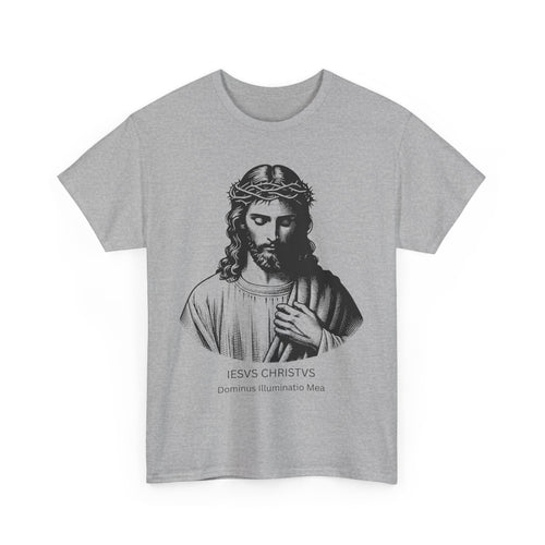 Gray t-shirt with a black and white illustration of Jesus Christ 