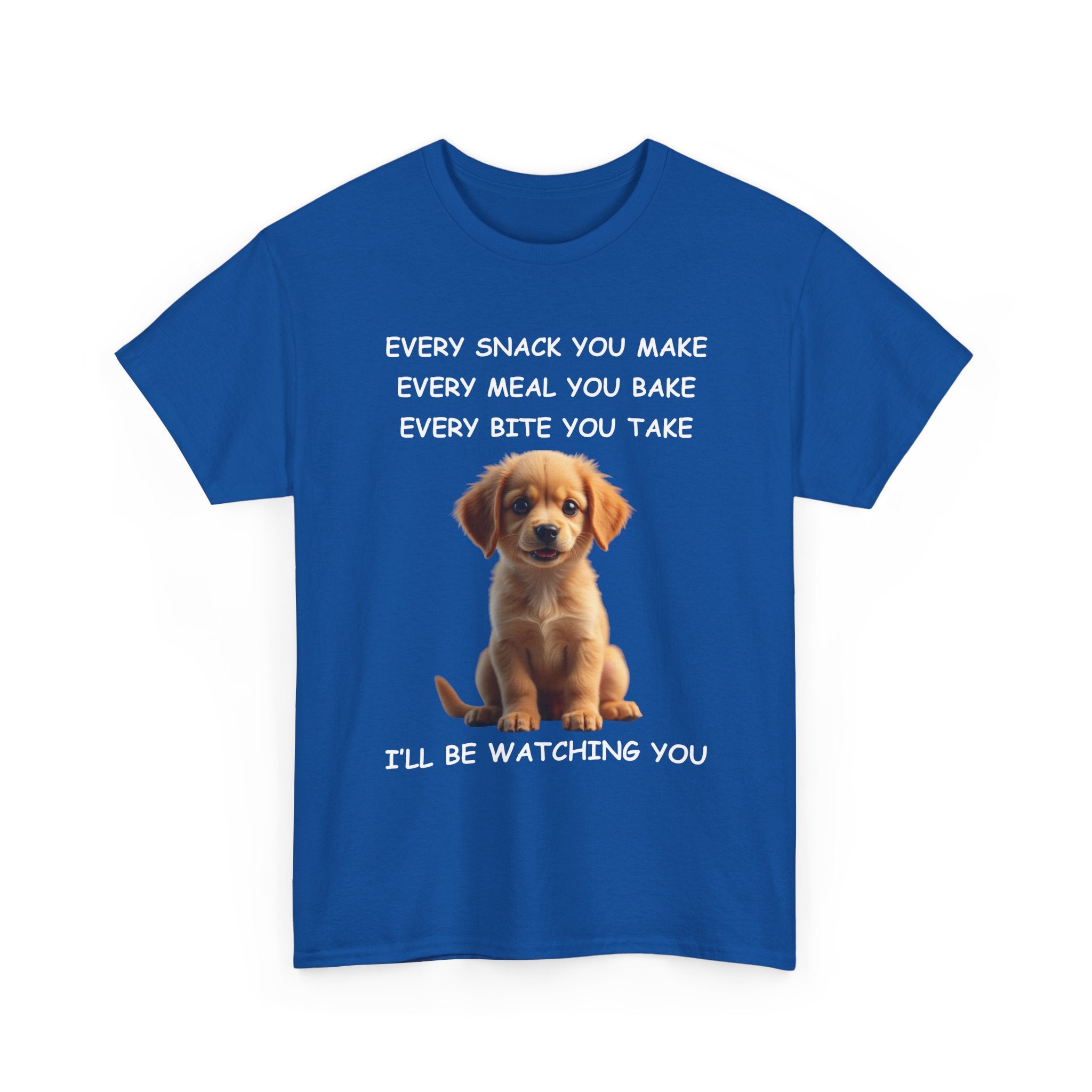 Blue t-shirt with a puppy graphic and humorous text