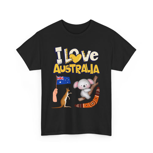 I Love Australia T-Shirt – Iconic Aussie Koala, Kangaroo, Flag & Boomerang Design