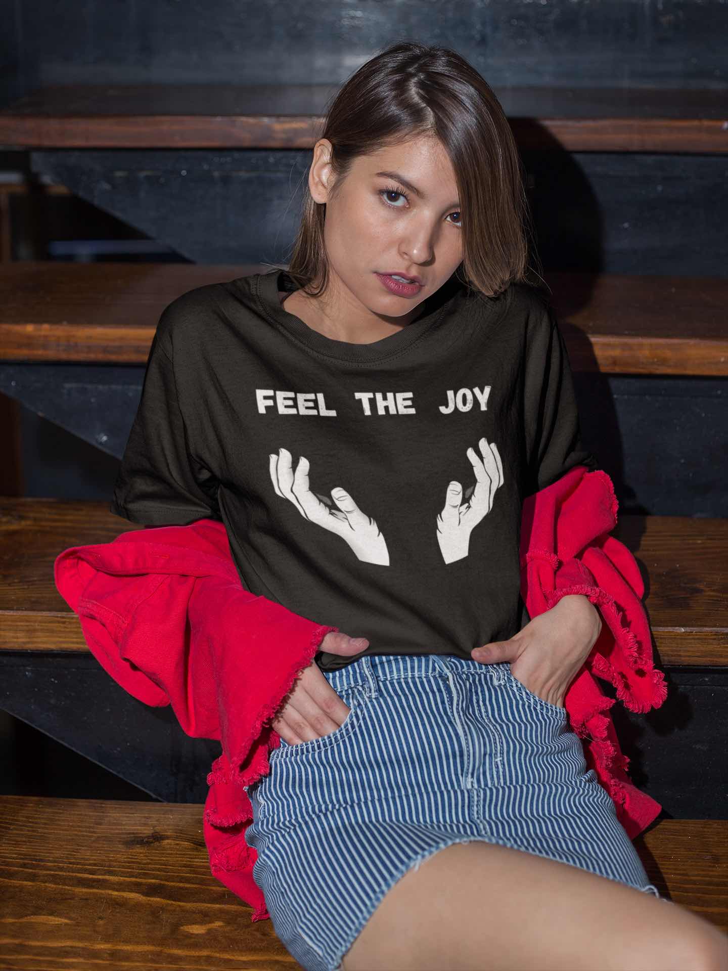 Feel the Joy T-Shirt - Playful Design with Strategic Hand Placement