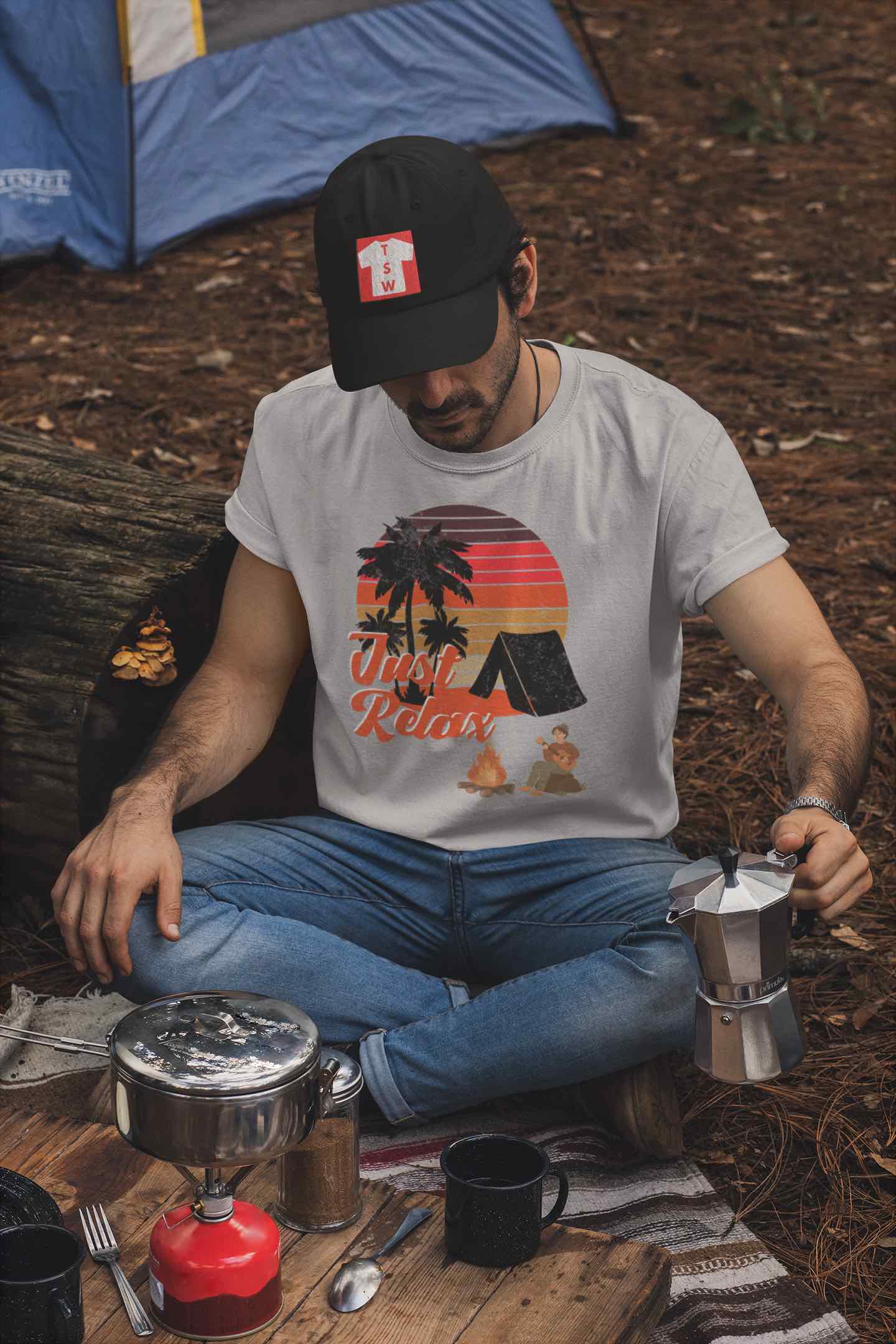 Just Relax, Camping T-Shirt with Tent and Campfire Design