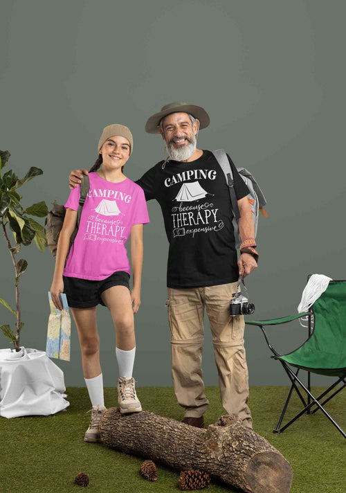 Camping Because Therapy Is Expensive T-Shirt – Funny Outdoor Adventure Tee