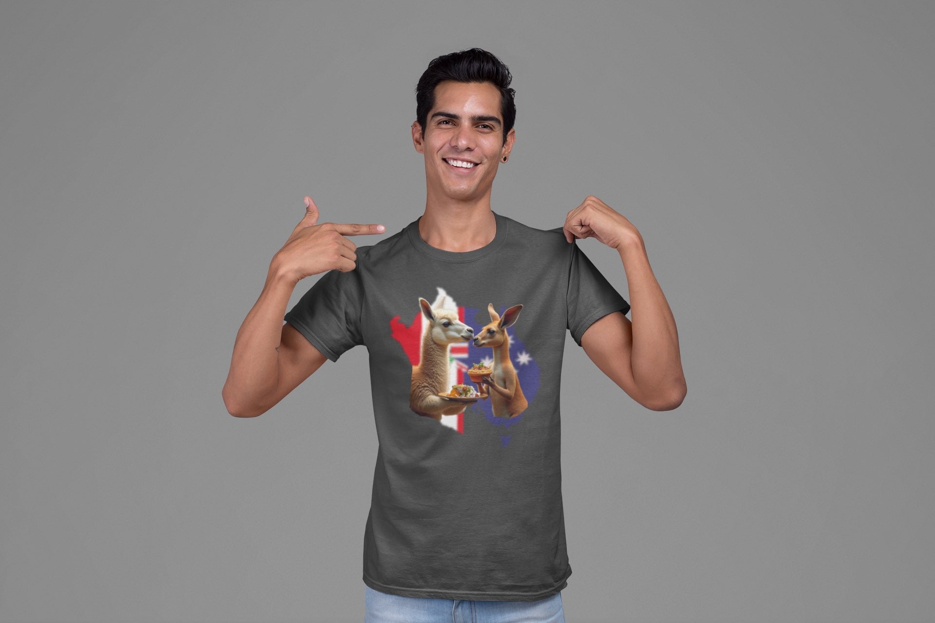 Kangaroo & Meat Pie Meets Llama & Ceviche Tee 🌎 Peru & Australia Fusion T-Shirt