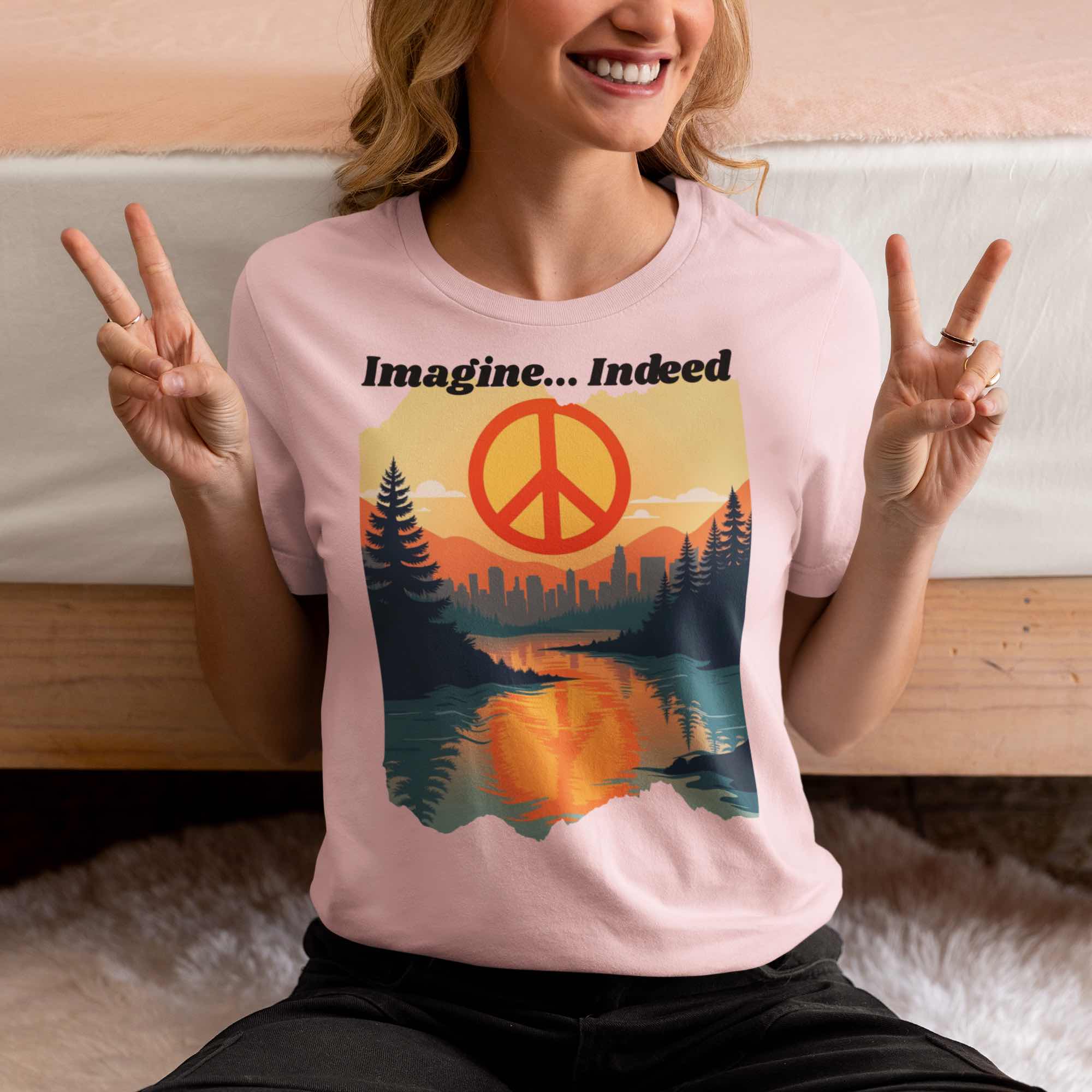 Imagine… Indeed Peace T-Shirt | Sunrise Cityscape & Mountains Tee 🌅✌️