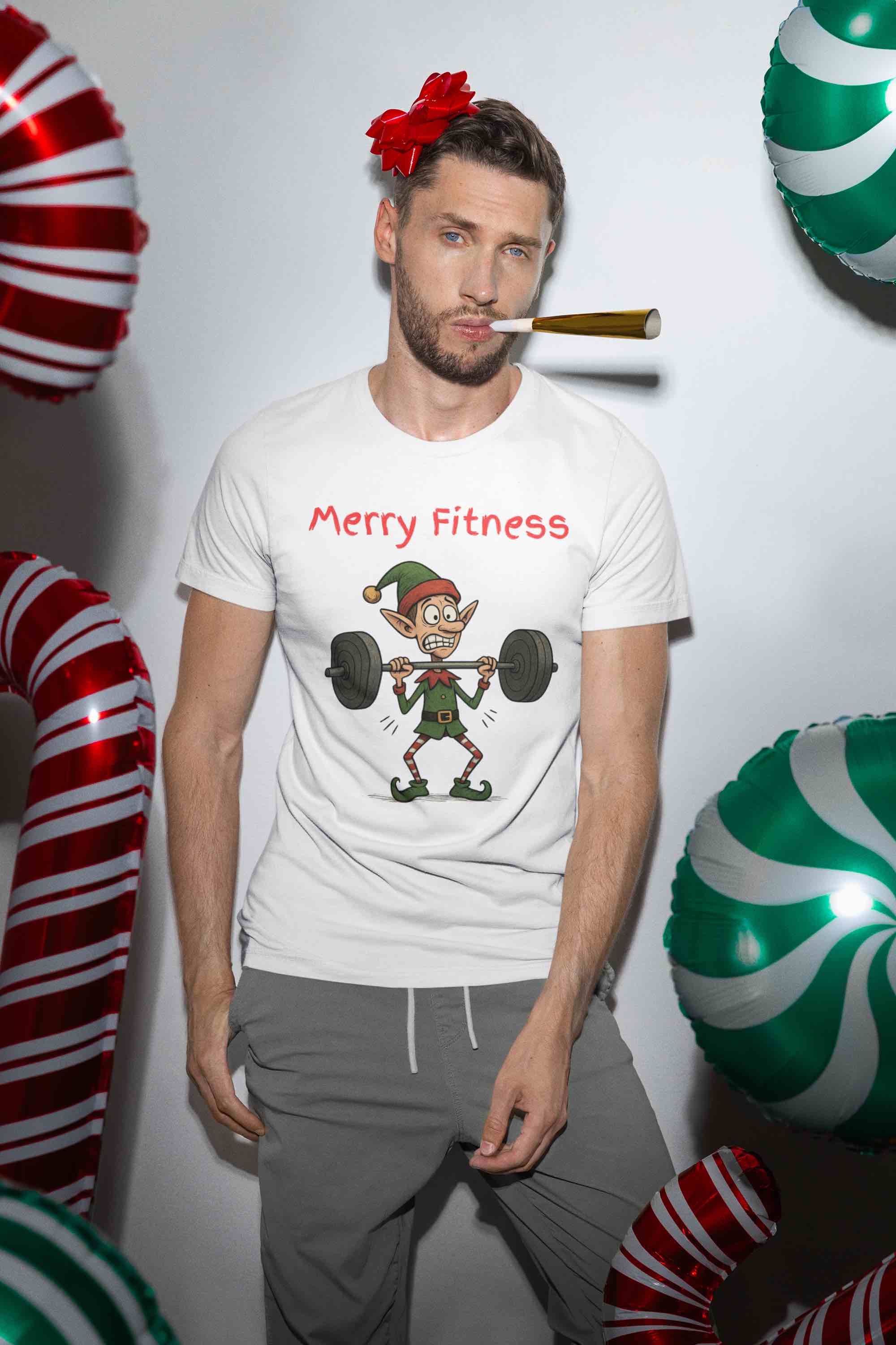 Merry Fitness T-Shirt – Funny Skinny Elf Weightlifting Xmas Tee | Christmas Gym T-Shirt