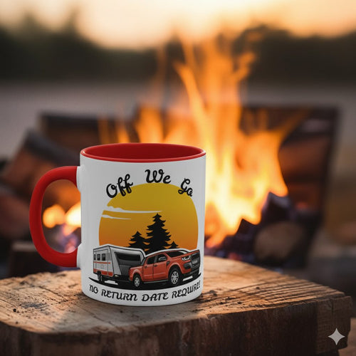 Off We Go, No Return Date Required - Caravan Coffee Mug 🚐 Colourful Accent Mug 11oz