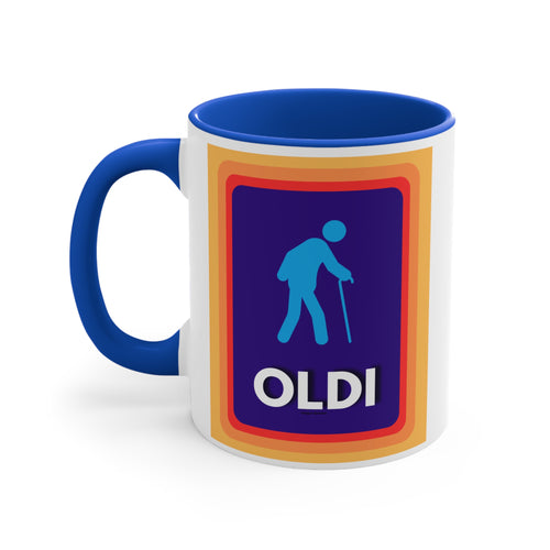 Mug with blue handle and colorful design featuring a walking stick icon and 'OLDI' text