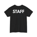 Black t-shirt with 'STAFF' printed on the back
