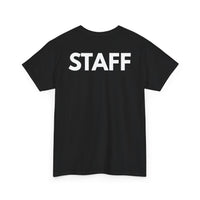 Black t-shirt with 'STAFF' printed on the back