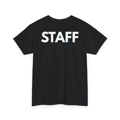 Black t-shirt with 'STAFF' printed on the back