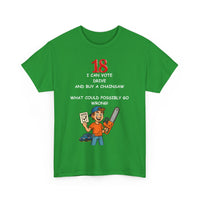 Funny 18th Birthday T-Shirt – Vote, Drive, Buy a Chainsaw | What!
