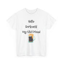 White t-shirt with 'Hello Darkness My Old Friend' text and beer mug graphic