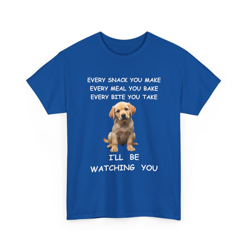 Blue t-shirt with a puppy graphic and text 