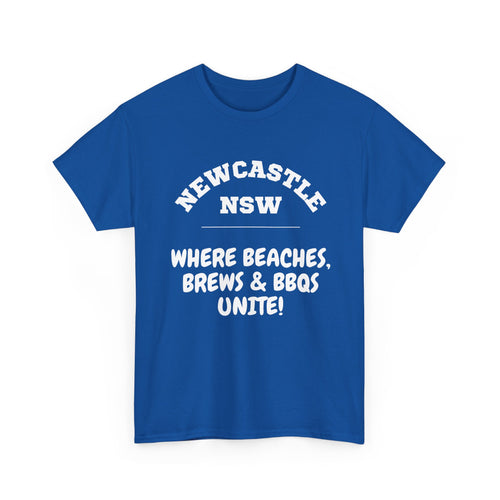 Newcastle NSW Blue t-shirt with white text