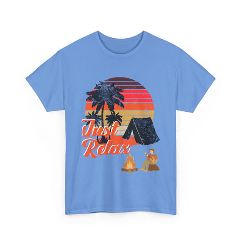 Just Relax, Camping T-Shirt with Tent and Campfire Design