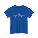 Blue t-shirt with a white tennis racket and heart rate line design