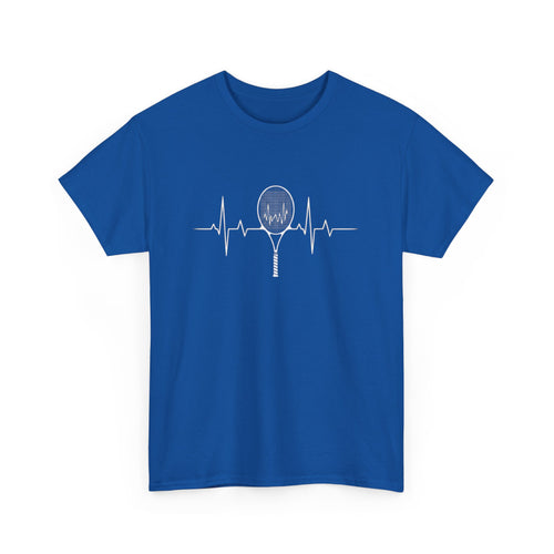 Blue t-shirt with a white tennis racket and heart rate line design
