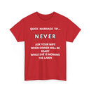 Red t-shirt with humorous white text with a marriage tip