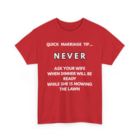 Red t-shirt with humorous white text with a marriage tip