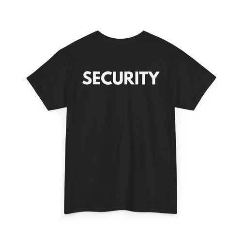Black t-shirt with 'SECURITY' printed on the back