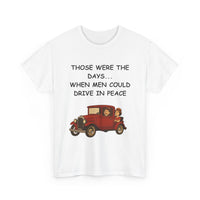 White t-shirt with vintage car graphic and text 
