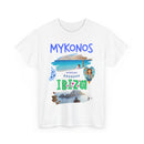 White t-shirt with 'Mykonos' and 'Ibiza' text and graphics on a white background