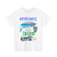 White t-shirt with 'Mykonos' and 'Ibiza' text and graphics on a white background