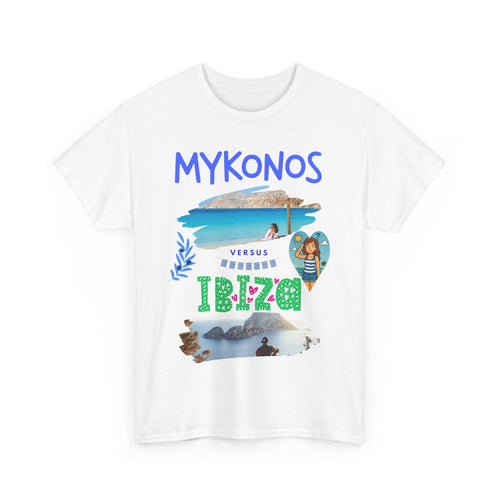 White t-shirt with 'Mykonos' and 'Ibiza' text and graphics on a white background