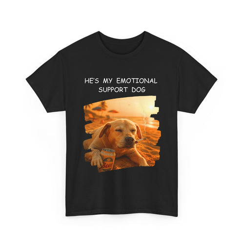 Black t-shirt with a dog graphic and text 'He's my emotional support dog'