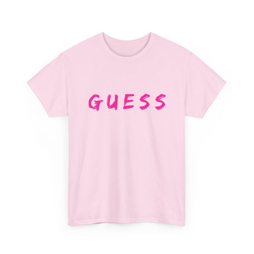 Pink t-shirt with 'GUESS' text across the bust