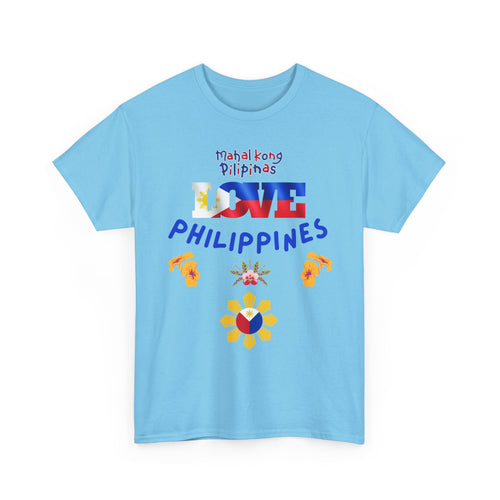 Light blue t-shirt with Filipino designs and text on a white background