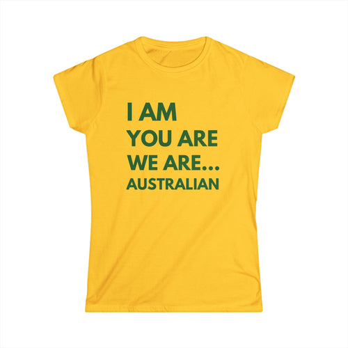 A yellow short-sleeve t-shirt with the text 'I AM YOU ARE WE ARE Australian