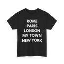 Black t-shirt with famous cities and my town
