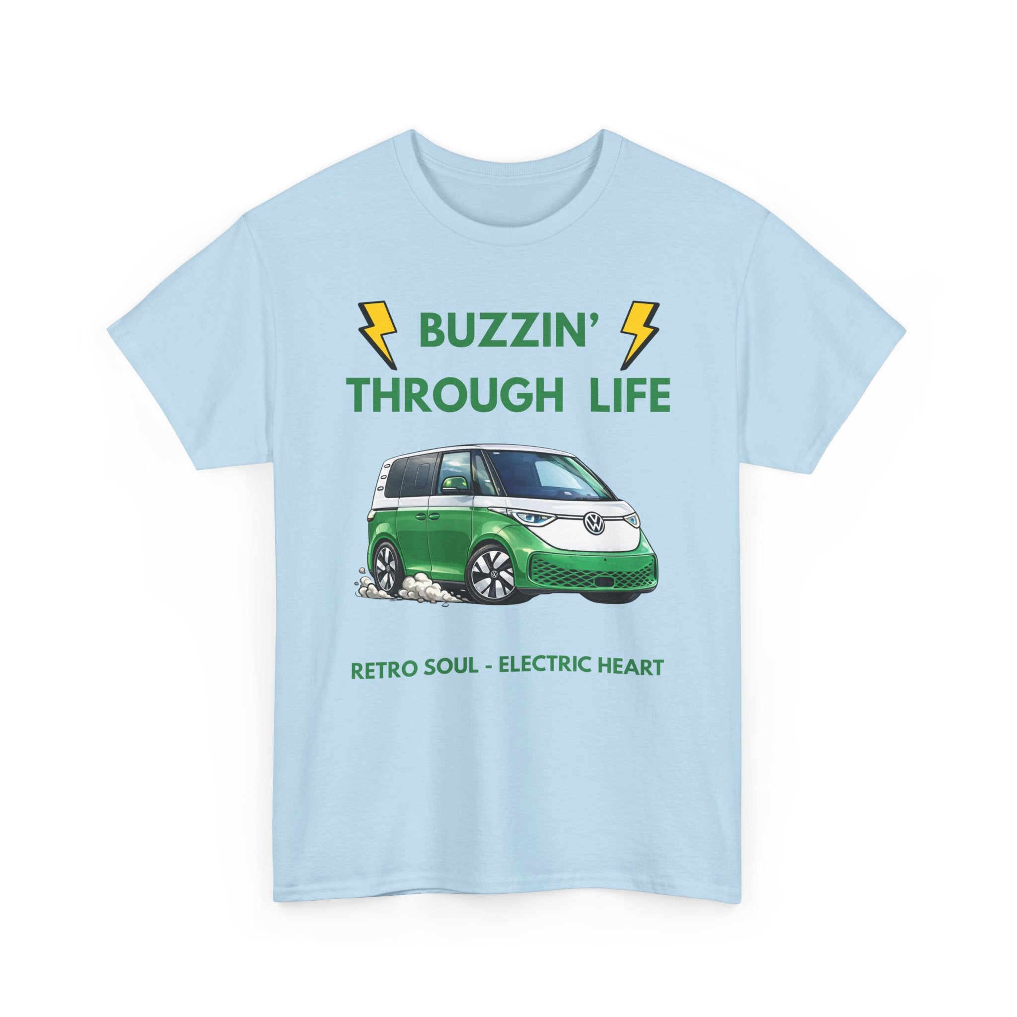Buzzin' Through Life T-Shirt | Retro Soul Electric Heart Tee in Green/White 🚌⚡