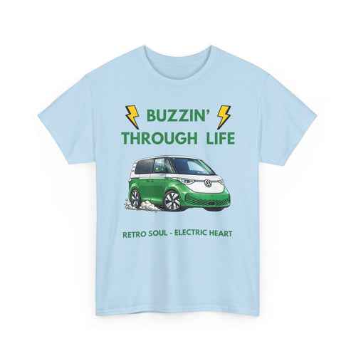 Buzzin' Through Life T-Shirt | Retro Soul Electric Heart Tee in Green/White 🚌⚡
