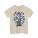 Beige t-shirt with a cartoon barber cat design